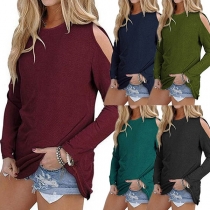 Sexy Off-shoulder Long Sleeve Round Neck Solid Color T-shirt