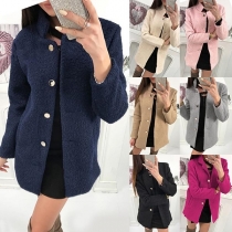 Fashion Solid Color Long Sleeve Stand Collar Woolen Coat 