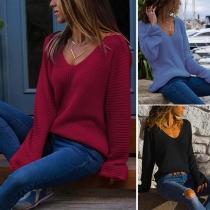 Fashion Solid Color Long Sleeve V-neck Knit Top