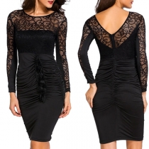 Sexy Backless Lace Spliced Long Sleeve High Waist Slim Fit Dress