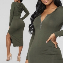 Fashion Solid Color Deep V-neck Long Sleeve Hooded Over-hip Dress