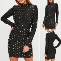 Fashion High Neck Long Sleeve Beading Slim Fit Over-hip Dress