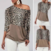 Fashion Contrast Color Oblique Shoulder Leopard Print Loose Shirt