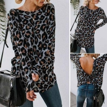 Fashion Contrast Color Leopard Print Round-neck Long Sleeve Backless Top