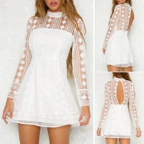 Sexy High Neck Sheer Embroidered Floral Mesh Spliced Long Sleeve Dress