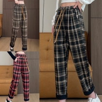 Fashion High Waist Slim Fit Plaid Pants