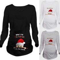 Cute Santa Claus Printed Long Sleeve Round Neck Maternity T-shirt