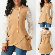 Fashion Lace Spliced Long Sleeve Irregular Hem Hooded Top 