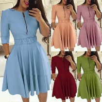 OL Style Solid Color 3/4 Sleeve Round Neck High Waist Dress