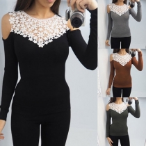 Sexy Off-shoulder Long Sleeve Round Neck Lace Spliced T-shirt 