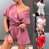 Sexy V-neck Short Sleeve Solid Color Romper with Waist Strap 