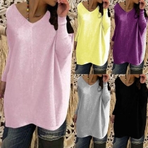 Fashion Deep V-neck Solid Color Long Sleeve Loose Sweater