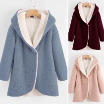 Fashion Solid Color Long Sleeve Hooded Plush Coat 