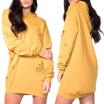 Fashion Solid Color Long Sleeve Ripped Long-line Hoodie