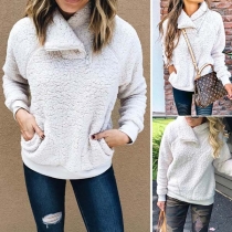Fashion Solid Color Long Sleeve Side Pockets Pullover Sweatshirt