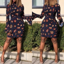 Fashion High-neck Long Sleeve Printed Pattern Slim Fit Over-hip Dress