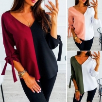 Fashion Contrast Color Deep V-neck Bandaged Sleeve Top