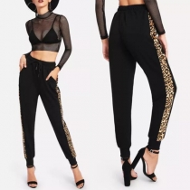 Fashion Elastic Waist Leopard Spliced Sports Pants