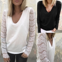 Fashion Lace Spliced Long Sleeve V-neck Solid Color T-shirt 