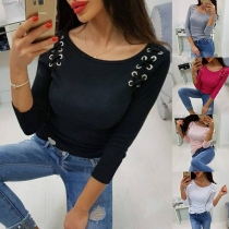 Fashion Solid Color Long Sleeve Keyhole Lace-up T-shirt 