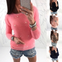 Fashion Solid Color Long Sleeve Round Neck Beaded Sweater