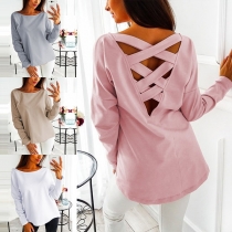 Sexy Crossover Hollow Out Backless Long Sleeve Solid Color T-shirt
