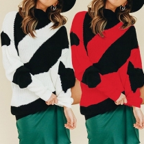 Fashion Long Sleeve Round Neck Contrast Color Striped Sweater 