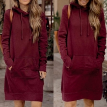Fashion Solid Color Long Sleeve Hooded Sweatshirt Dress