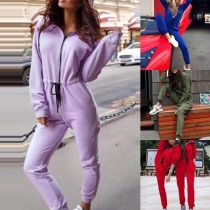 Fashion Solid Color Long Sleeve Hooded Slim Fit Jumpsuit