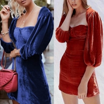 Fashion Solid Color Half Lantern Sleeve Square Collar Dress