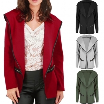 Fashion Contrast Color Long Sleeve Lapel Hooded Woolen Coat