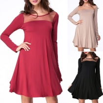 Fashion Solid Color Round Neck Mesh Spliced Long Sleeve Dress