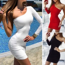 Sexy One-shoulder Long Sleeve Solid Color Slim Fit Dress