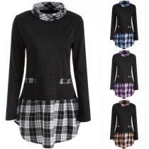 Fashion Plaid Spliced Long Sleeve Stand Neck Top