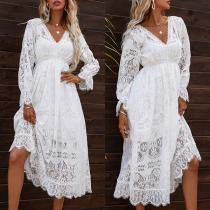 Sexy Deep V-neck Trumpet Sleeve High-low Hem Lace Dress