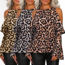 Sexy Ruffled Trim Open Shoulder Long Sleeve Leopard Print Top