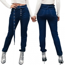 Sexy Solid Color Slim Fit Jeans with Long Riverts Belt