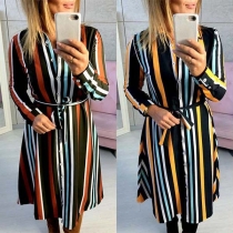 Fashion Long Sleeve POLO Collar Single-breasted Striped Shirt Dress