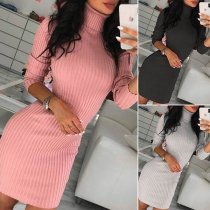 Fashion Solid Color Long Sleeve Turtleneck Slim Fit Dress