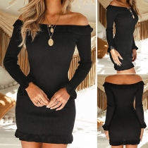 Sexy Off-shoulder Boat Neck Ruffle Hem Slim Fit Mini Dress