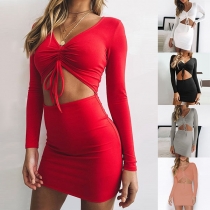 Sexy V-neck Hollow Out High Waist Long Sleeve Tight Dress