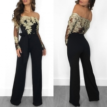 Sexy Off-shoulder Boat Neck Lace Spliced Long Sleeve High Waist Jumpsuit