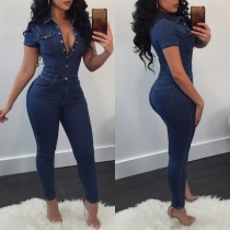 Fashion Short Sleeve POLO Collar High Waist Slim Fit Denim Jumpsuit