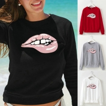 Fashion Lips Printed Long Sleeve Round Neck Sweatshirt 