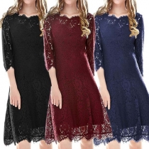Elegant Solid Color Half Sleeve Round Neck Slim Fit Lace Dress