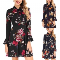 Sweet Style Long Sleeve Lace-up Stand Collar Printed Chiffon Dress