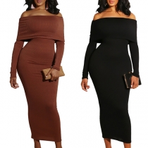 Sexy Off-shoulder Boat Neck Long Sleeve Solid Color Slim Fit Knit Dress