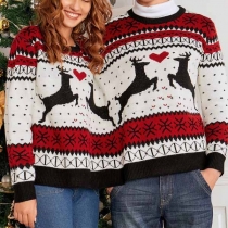 Cute Elk Printed Long Sleeve Round Neck One-piece Couple Top