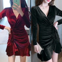 Sexy Deep V-neck Long Sleeve Irregular Hem Ruffle Dress