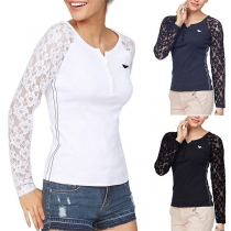 Fashion Lace Spliced Long Sleeve V-neck Slim Fit T-shirt